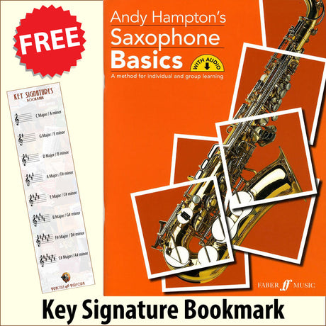 front cover of Andy Hampton's Saxophone Basics together with free Treble Clef bookmark