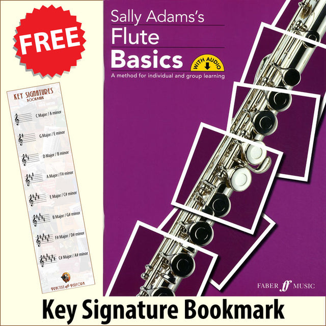 front cover of Sally Adams's Flute Basics together with free Treble Clef bookmark