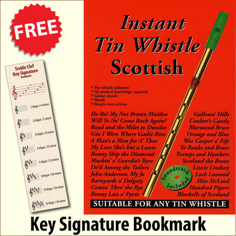 front cover of Instant Tin Whistle Scottish Book/CD together with free Treble Clef bookmark