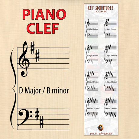 A piano clef (grand staff) bookmark and a large piano clef with treble and bass clefs