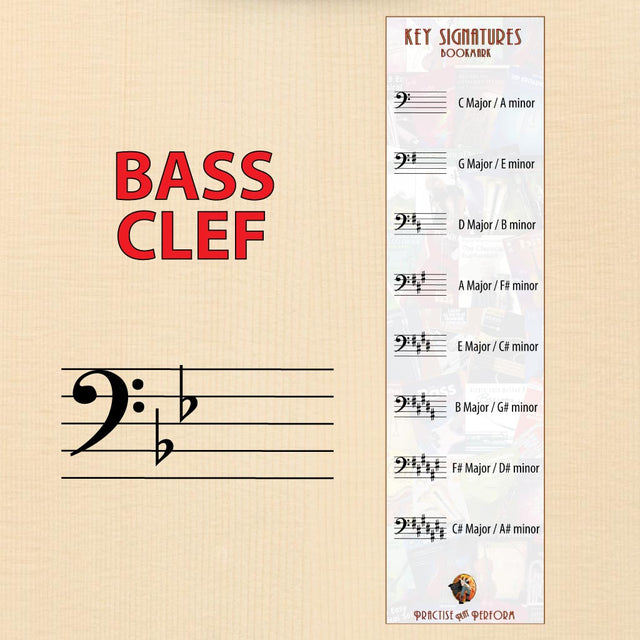 a bass clef bookmark and a large bass clef on a staff