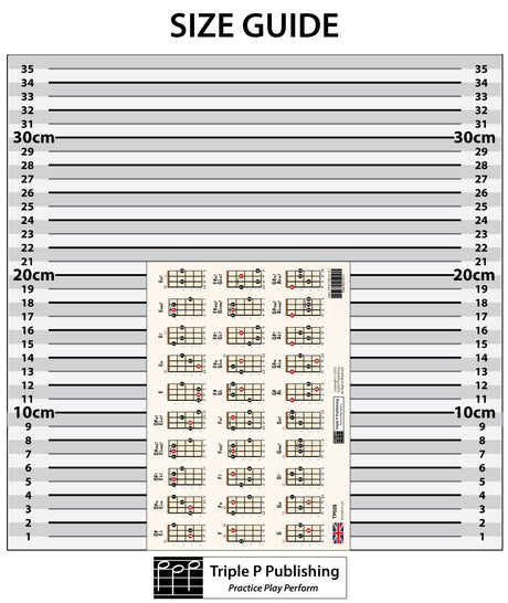 Ukulele chord chart in front of a size guide