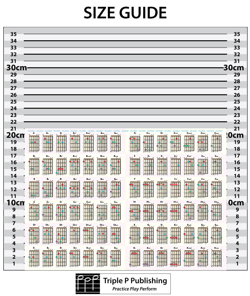 Guitar chord chart with a size guide background