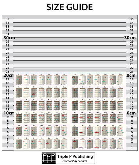 Guitar chord chart with a size guide background