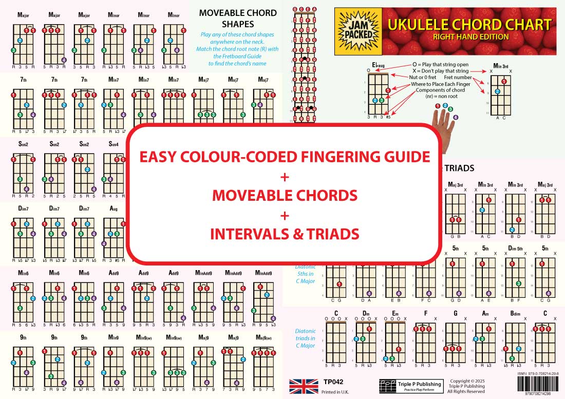Other side of the chart showing moveable chords, colour coded fingering guide, intervals