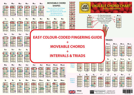 Other side of the chart showing moveable chords, colour coded fingering guide, intervals