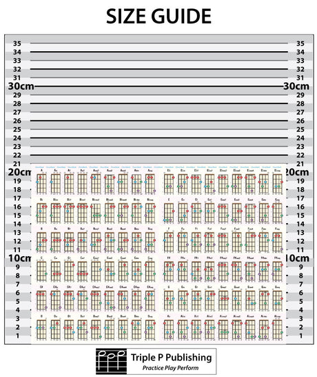 Jam Packed Ukulele Chord Chart against a size guide.