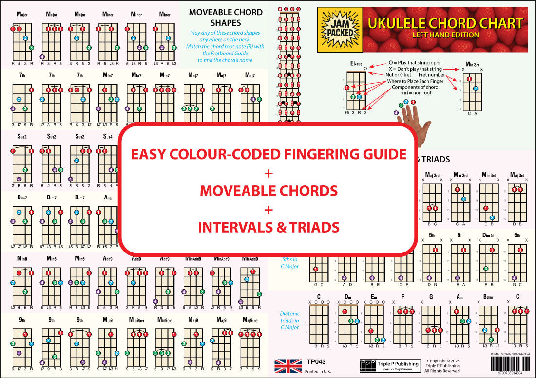 Other side of the chart showing moveable chords, colour coded fingering guide, intervals