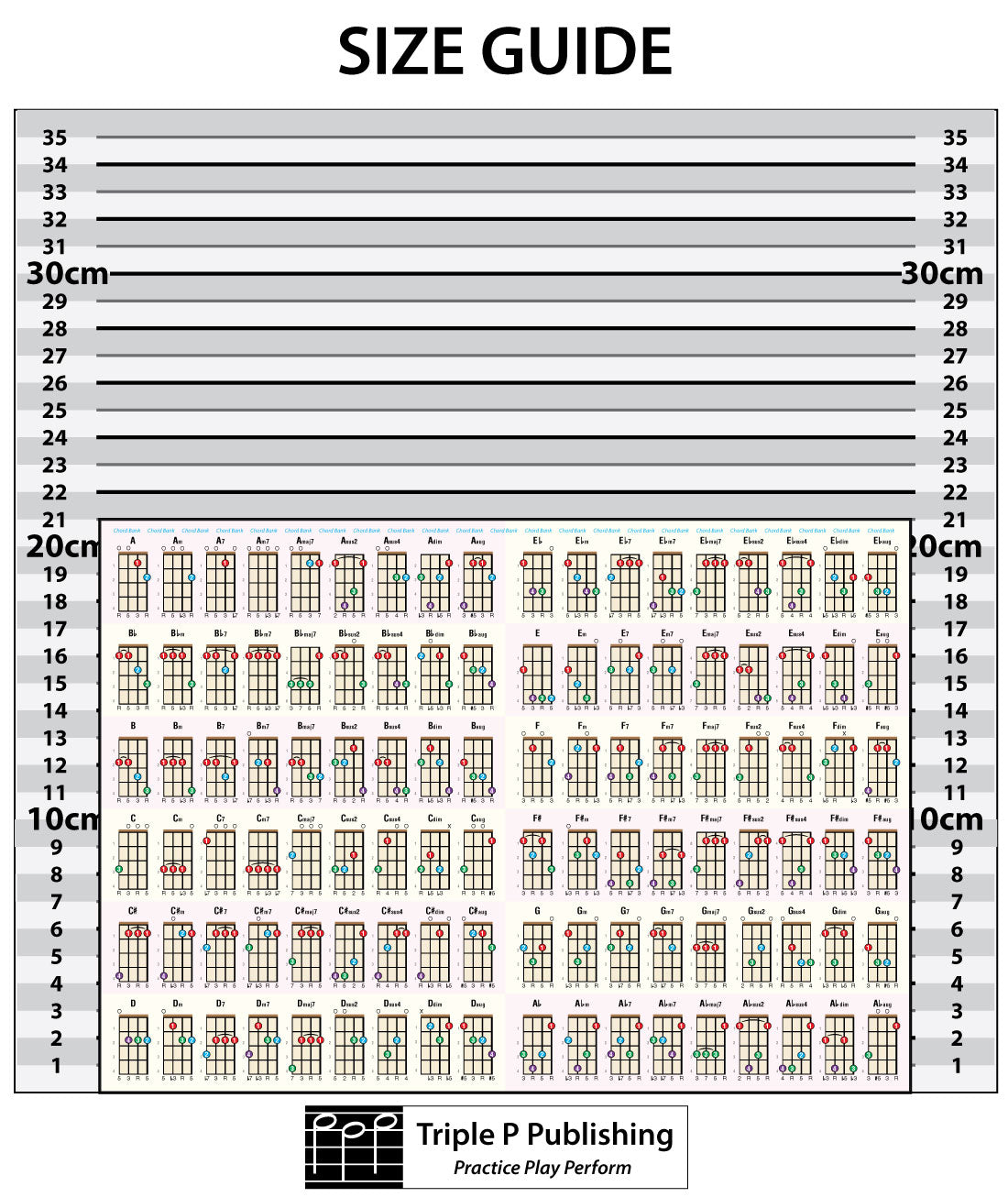 Jam Packed Ukulele Chord Chart against a size guide.