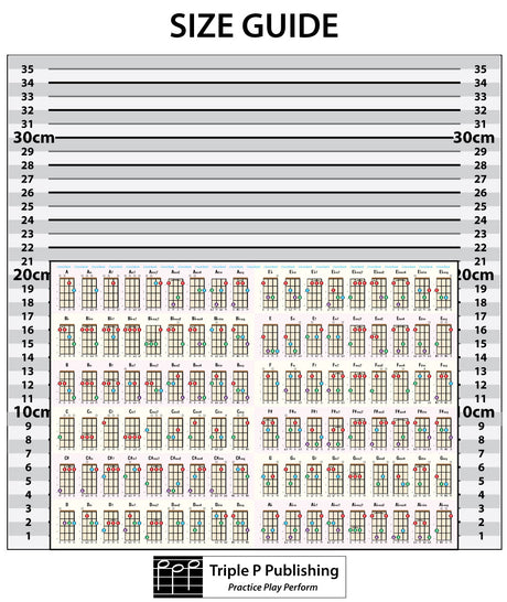Jam Packed Ukulele Chord Chart against a size guide.