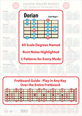 The poster faded in the background, the foreground having an enlarged scale shape showing all the scale degrees and the Root notes in a different colour, plus an enlarged Fretboard Guide