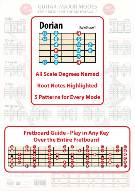 The poster faded in the background, the foreground having an enlarged scale shape showing all the scale degrees and the Root notes in a different colour, plus an enlarged Fretboard Guide