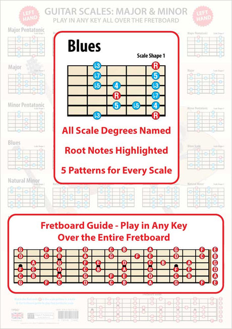 The poster faded in the background, the foreground having an enlarged scale shape showing all the scale degrees and the Root notes in a different colour, plus an enlarged Fretboard Guide