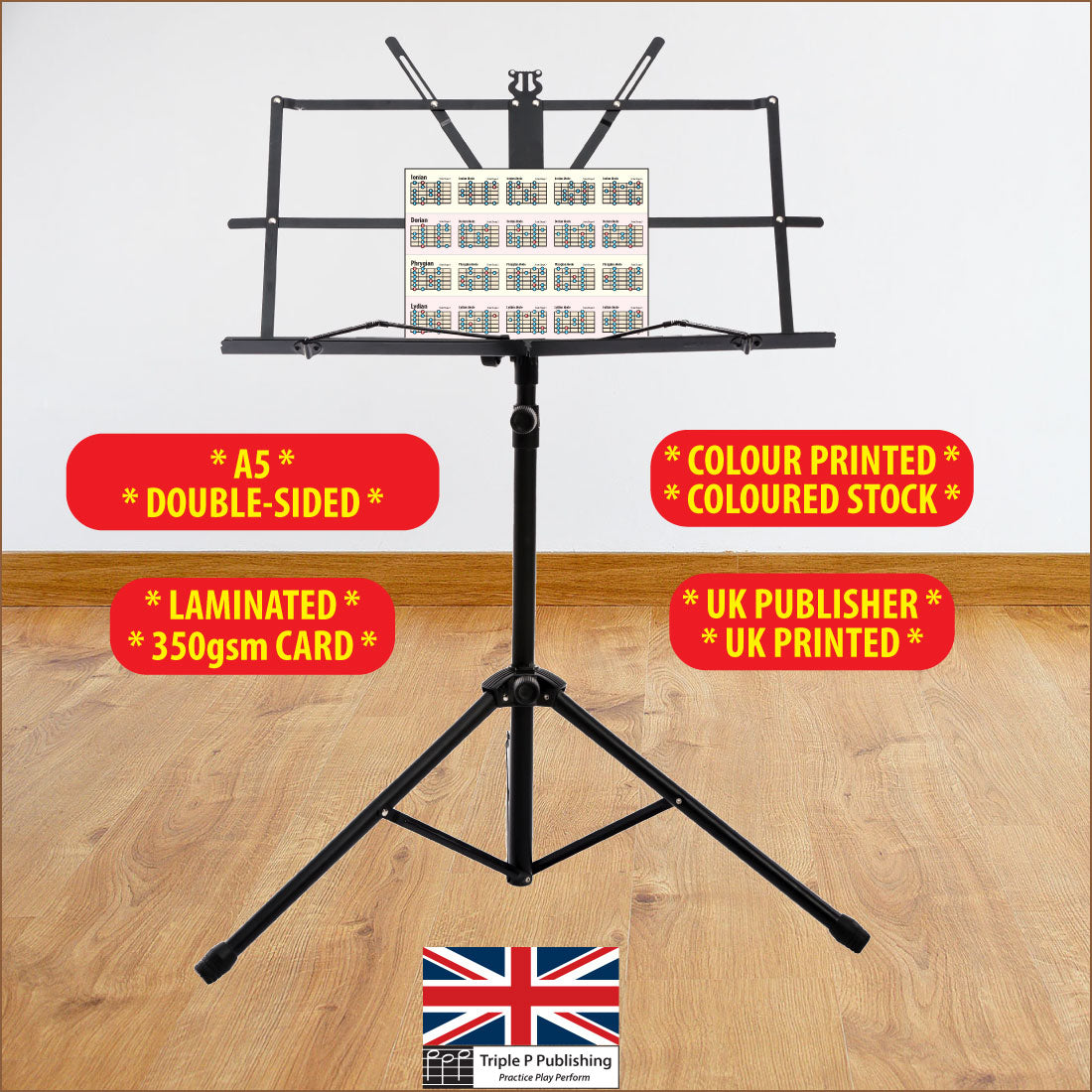 Image of the chart sitting on a music stand, highlighting features A5 double sided, Laminated, 350gsm stock, UK publisher, UK printed