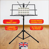 Image of the chart sitting on a music stand, highlighting features A5 double sided, Laminated, 350gsm stock, UK publisher, UK printed