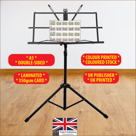 Image of the chart sitting on a music stand, highlighting features A5 double sided, Laminated, 350gsm stock, UK publisher, UK printed