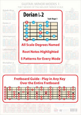The poster faded in the background, the foreground having an enlarged scale shape showing all the scale degrees and the Root notes in a different colour, plus an enlarged Fretboard Guide