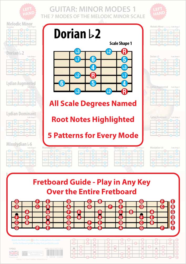 The poster faded in the background, the foreground having an enlarged scale shape showing all the scale degrees and the Root notes in a different colour, plus an enlarged Fretboard Guide