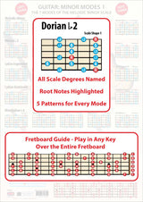 The poster faded in the background, the foreground having an enlarged scale shape showing all the scale degrees and the Root notes in a different colour, plus an enlarged Fretboard Guide