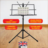 Image of the chart sitting on a music stand, highlighting features A5 double sided, Laminated, 350gsm stock, UK publisher, UK printed
