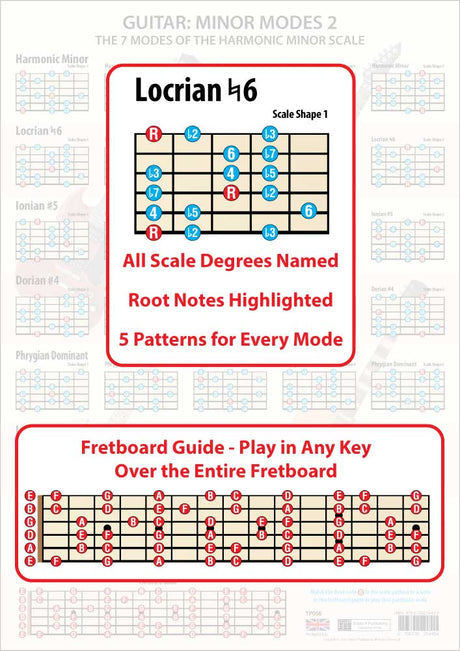The poster faded in the background, the foreground having an enlarged scale shape showing all the scale degrees and the Root notes in a different colour, plus an enlarged Fretboard Guide