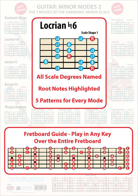 The poster faded in the background, the foreground having an enlarged scale shape showing all the scale degrees and the Root notes in a different colour, plus an enlarged Fretboard Guide