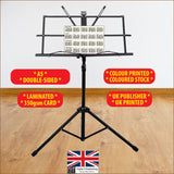 Image of the chart sitting on a music stand, highlighting features A5 double sided, Laminated, 350gsm stock, UK publisher, UK printed