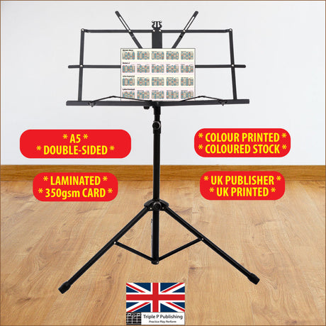 Image of the chart sitting on a music stand, highlighting features A5 double sided, Laminated, 350gsm stock, UK publisher, UK printed