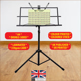 Chord chart sitting on a music stand with specifications highlighted, like 350gsm card, double sided, etc