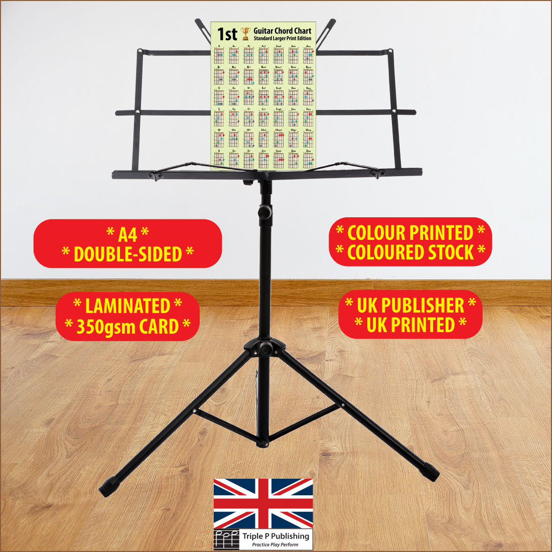 Chord chart sitting on a music stand with specifications highlighted, like 350gsm card, double sided, etc