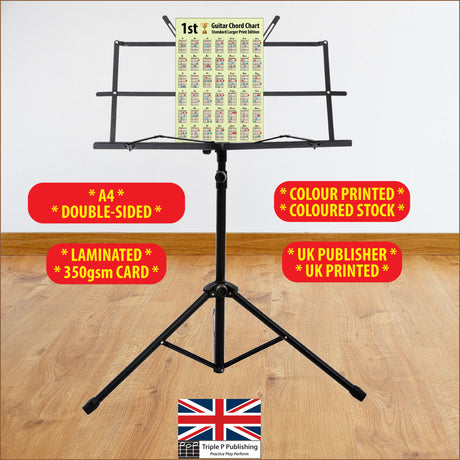 Chord chart sitting on a music stand with specifications highlighted, like 350gsm card, double sided, etc
