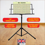 Chord chart sitting on a music stand with specifications highlighted, like 350gsm card, double sided, etc