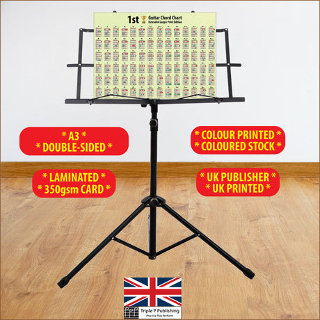 Chord chart sitting on a music stand with specifications highlighted, like 350gsm card, double sided, etc