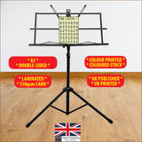 Chord chart sitting on a music stand with specifications highlighted, like 350gsm card, double sided, etc