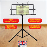 Chord chart sitting on a music stand with specifications highlighted, like 350gsm card, double sided, etc