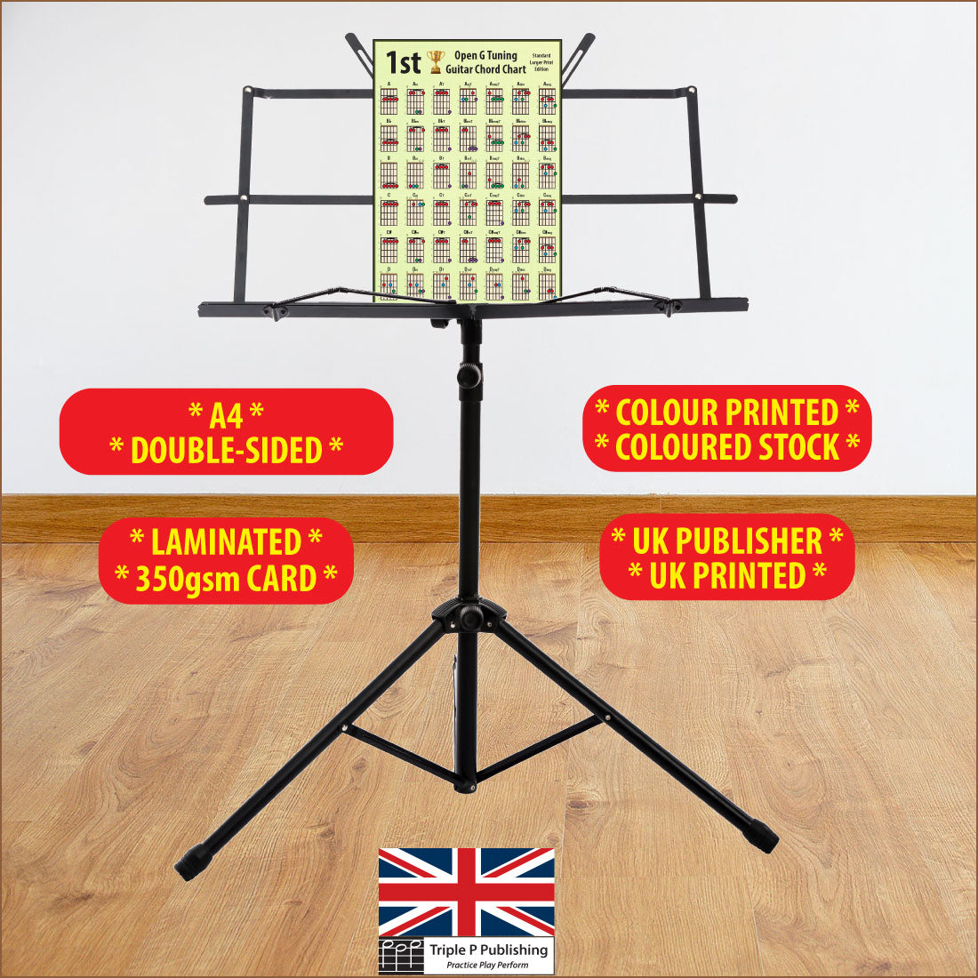 Chord chart sitting on a music stand with specifications highlighted, like 350gsm card, double sided, etc