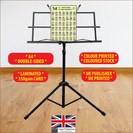 Chord chart sitting on a music stand with specifications highlighted, like 350gsm card, double sided, etc