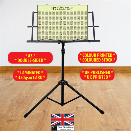 Chord chart sitting on a music stand with specifications highlighted, like 350gsm card, double sided, etc