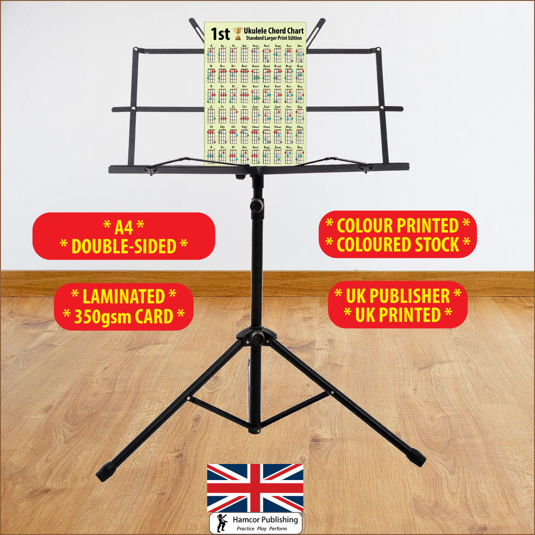 A4 Hamcor chord chart in portrait, sitting on a music stand
