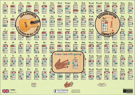 Reverse side of chord chart showing another 6 rows of 17 chords