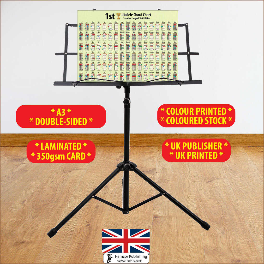 A3 Hamcor chord chart in landscape, sitting on a music stand