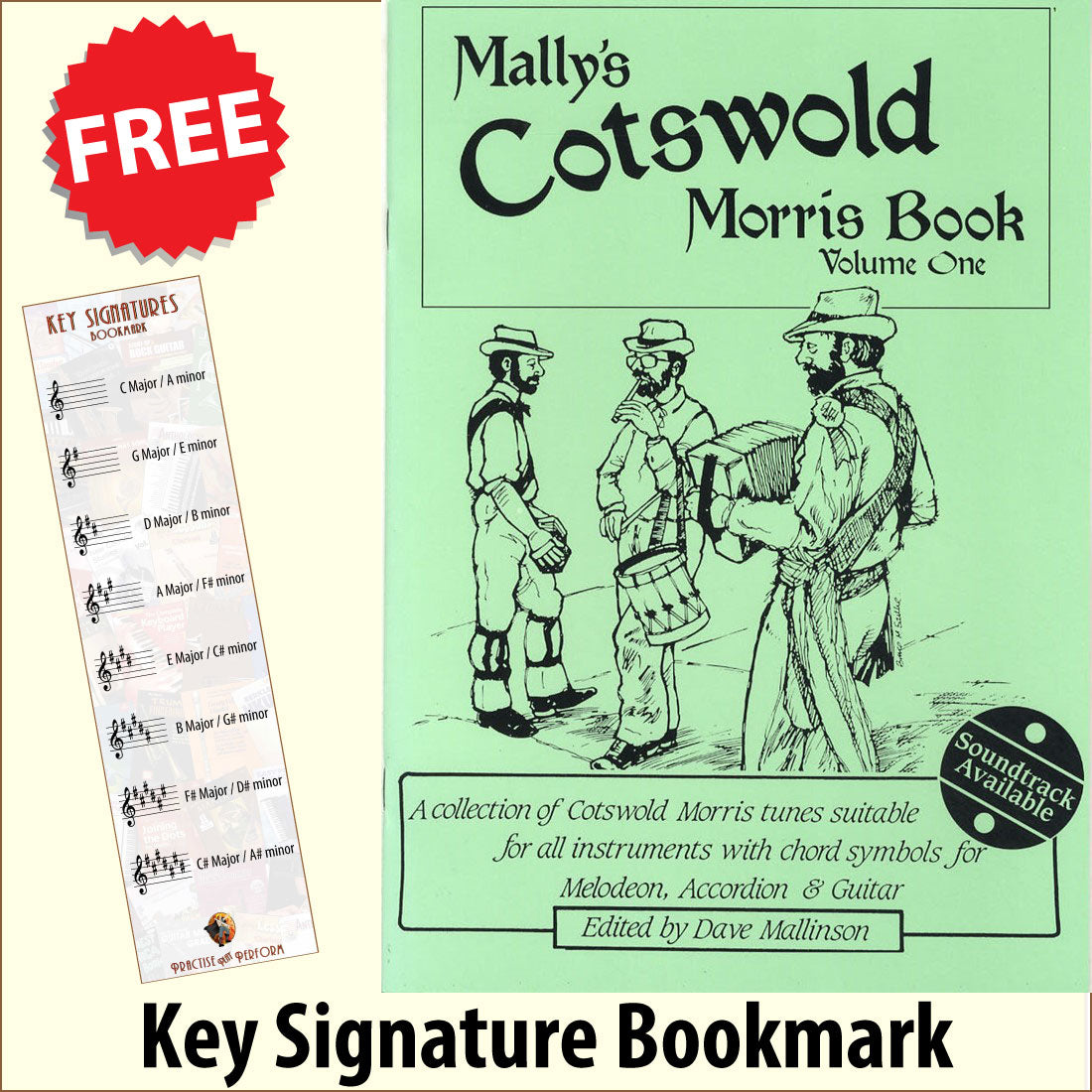 front cover of Mally's Cotswold Morris Book Volume 1 together with free Treble Clef bookmark