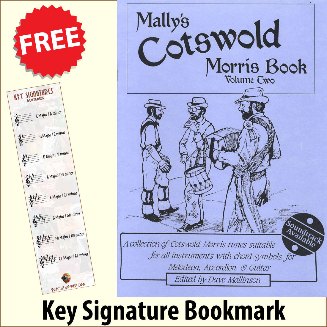 front cover of Mally's Cotswold Morris Book Volume 2 together with free Treble Clef bookmark