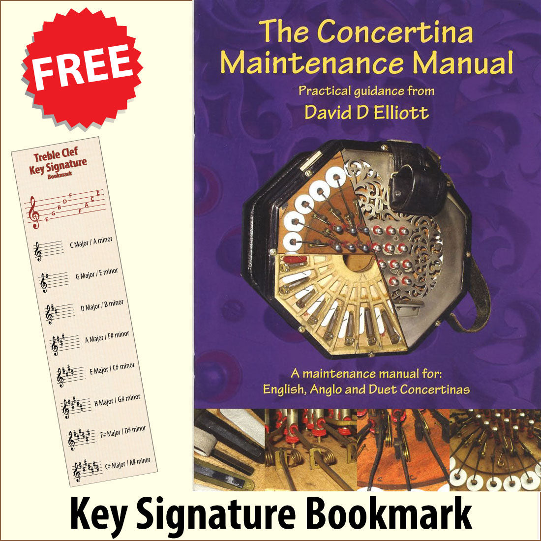 front cover of The Concertina Maintenance Manual together with free Treble Clef bookmark