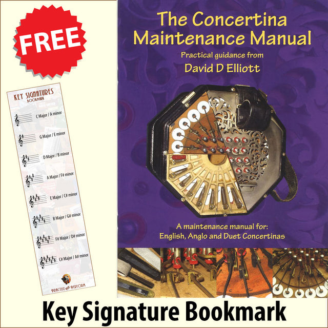 front cover of The Concertina Maintenance Manual together with free Treble Clef bookmark