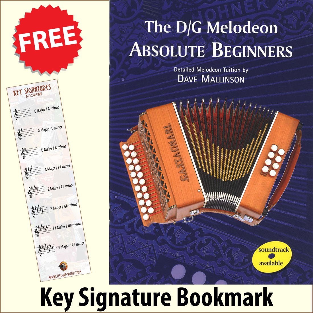 front cover of The D/G Melodeon Absolute Beginners together with free Treble Clef bookmark