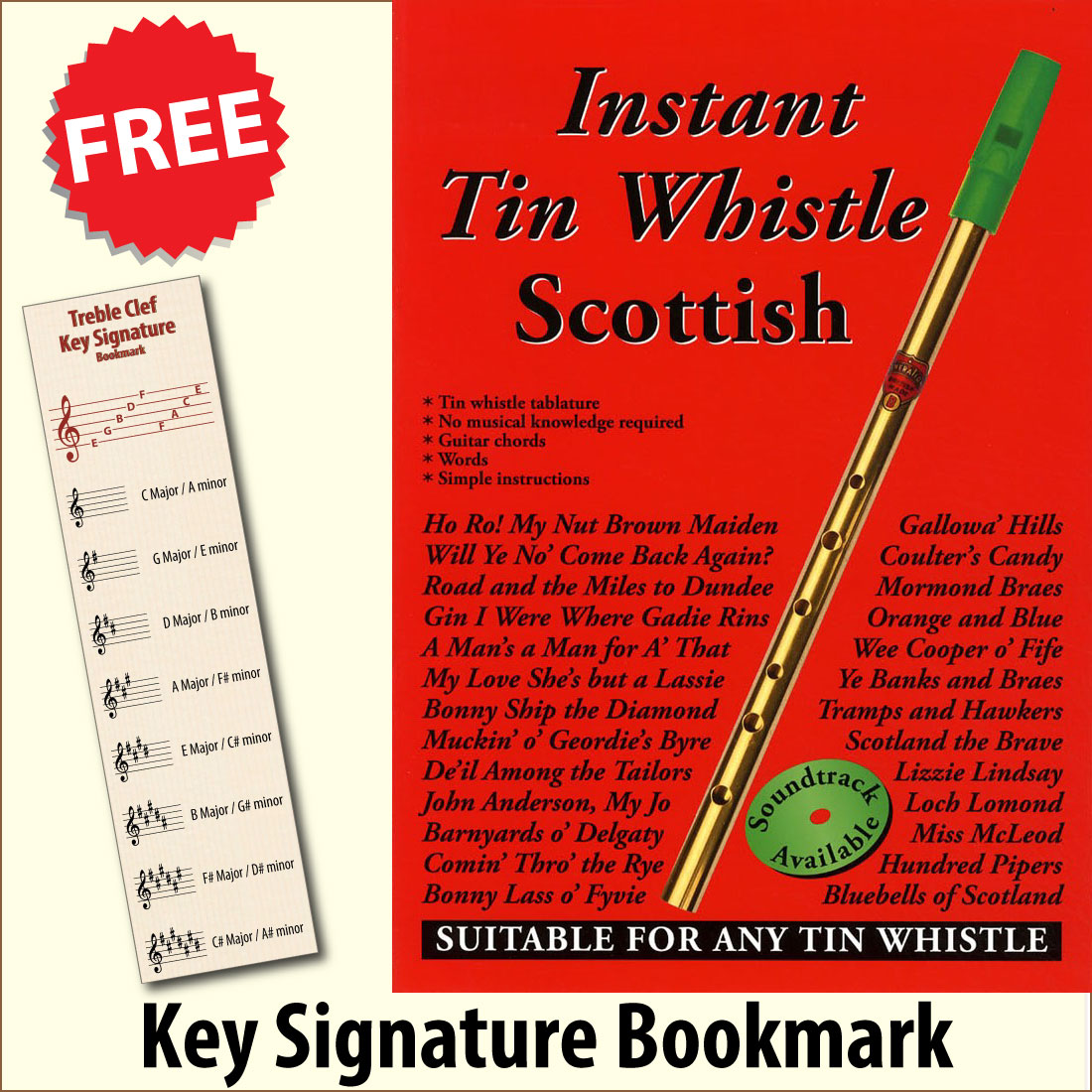 front cover of Instant Tin Whistle Scottish Book Only together with free Treble Clef bookmark