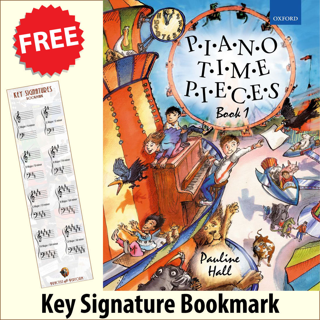 front cover of Piano Time Pieces Book 1 together with free Piano Clef bookmark