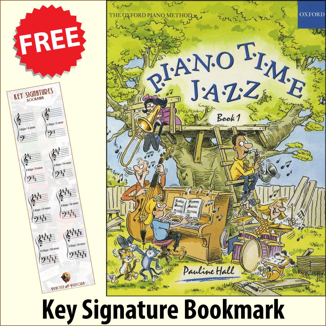 front cover of Piano Time Jazz Book 1 together with free Piano Clef bookmark