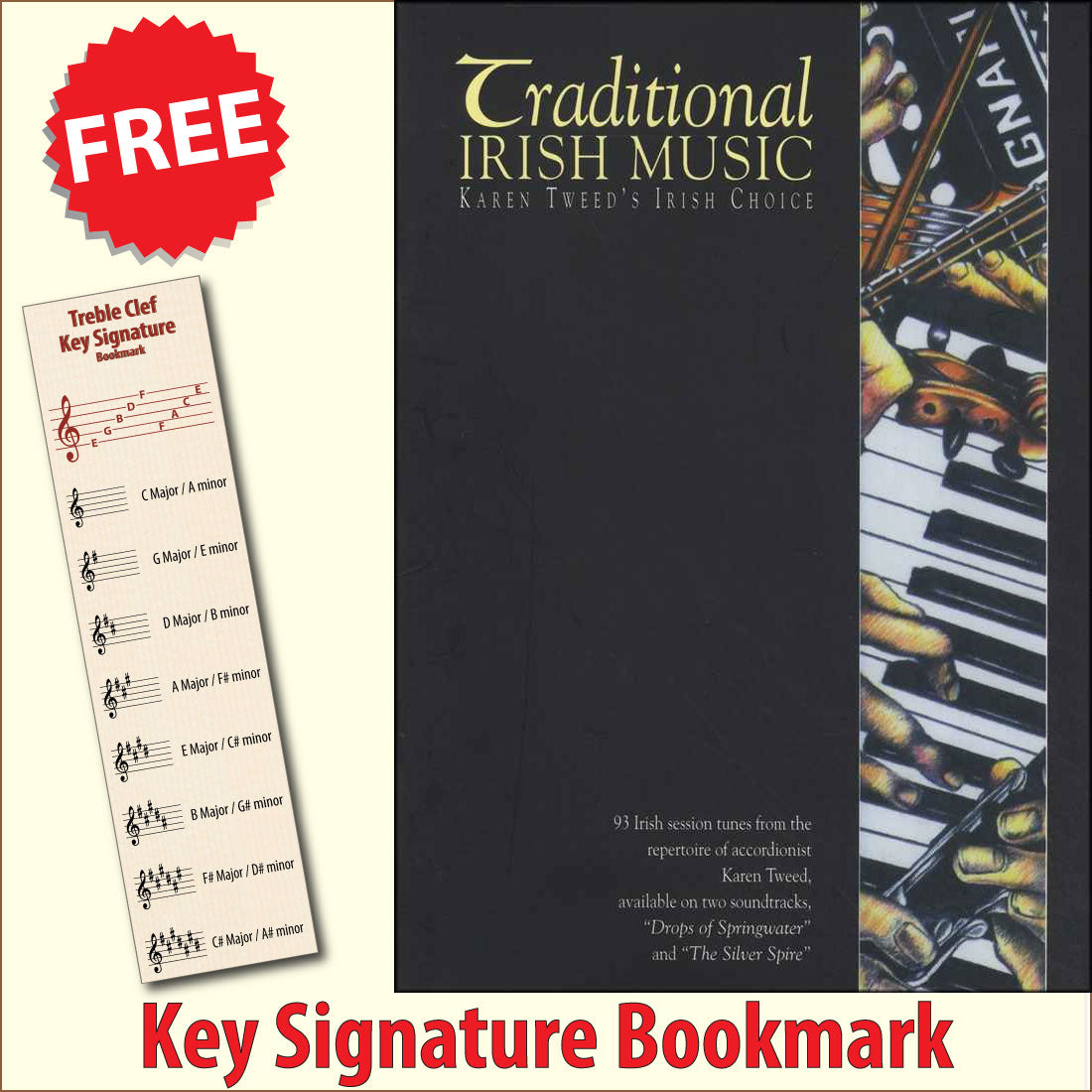 front cover of Traditional Irish Music for Accordion together with free Treble Clef bookmark